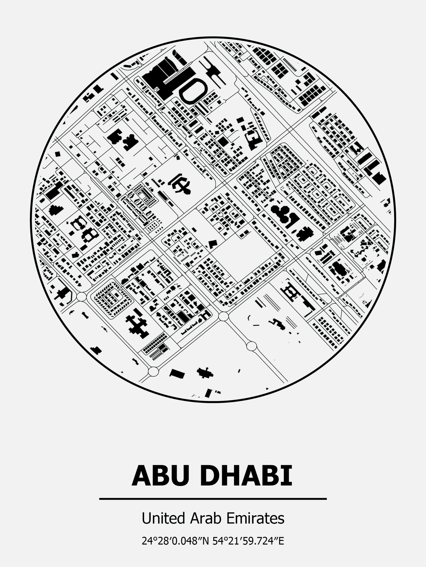 Black and white map of Abu Dhabi on a white background