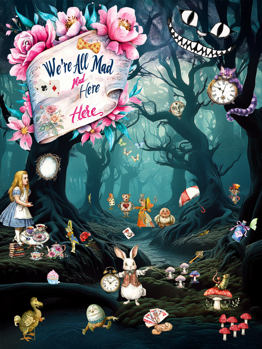 Illustration of a fantasy forest scene with characters from 'Alice in Wonderland' and the quote 'We're All Mad Here'.