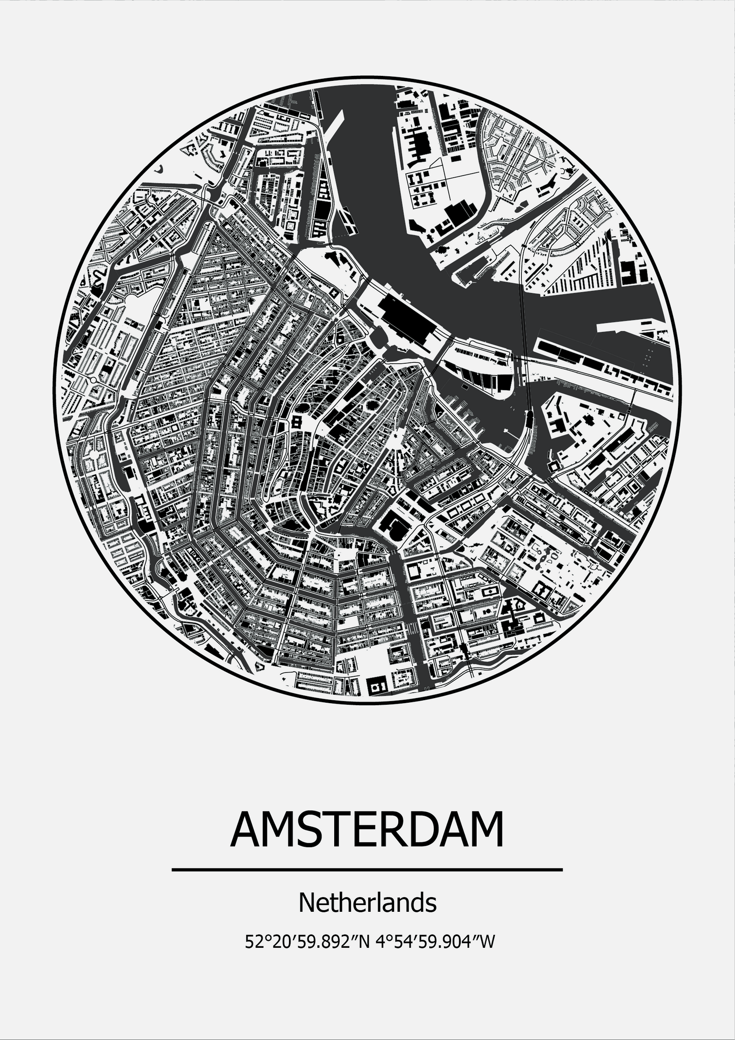 Black and white circular map of Amsterdam, Netherlands on a white background.