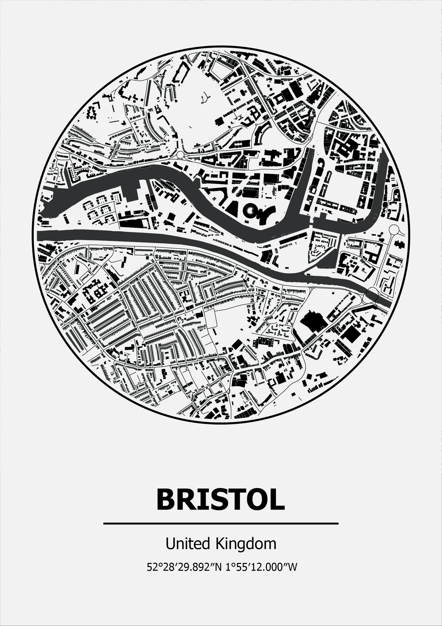 Black and white map of Bristol on a white background