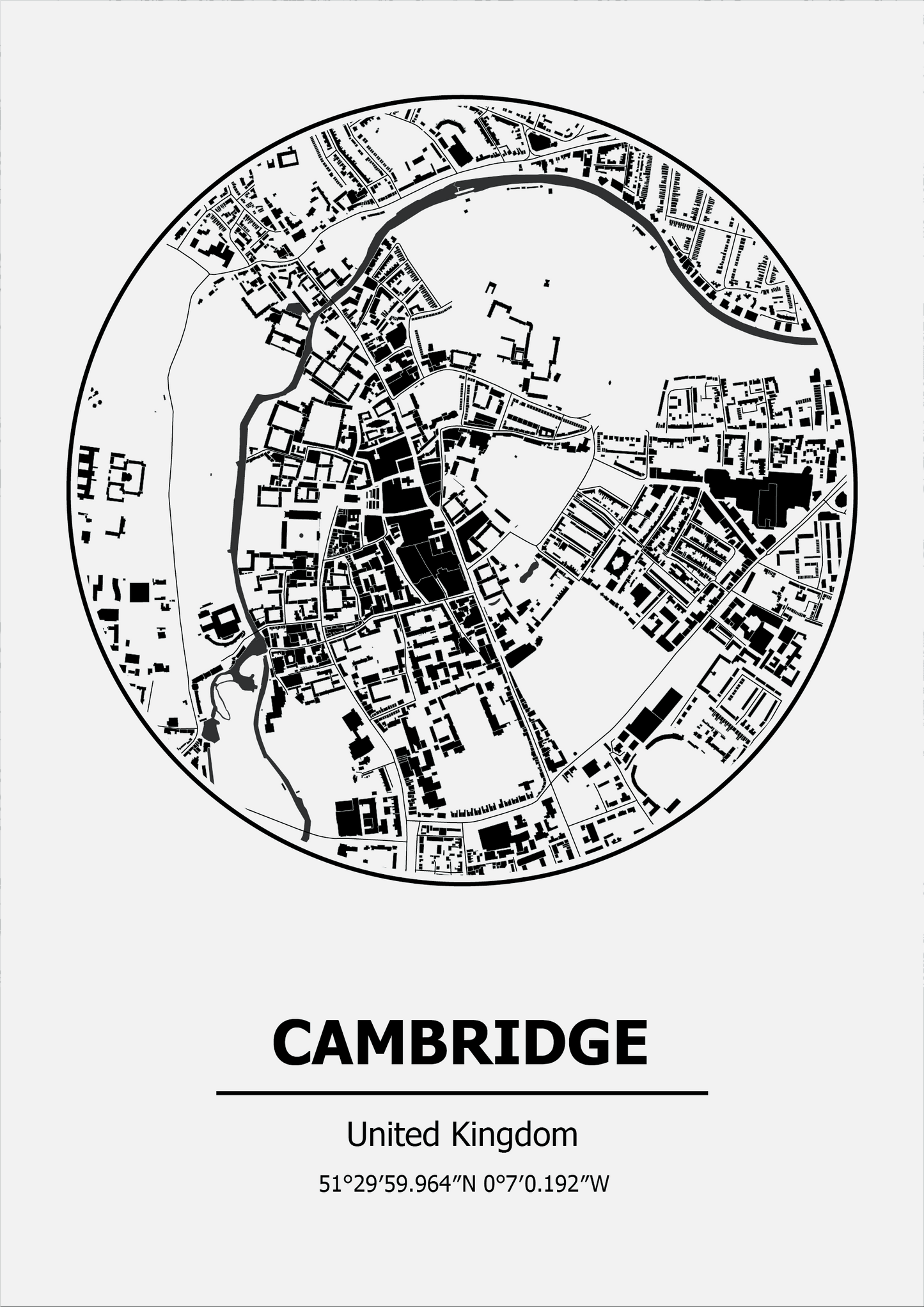 Black and white map of Cambridge, United Kingdom