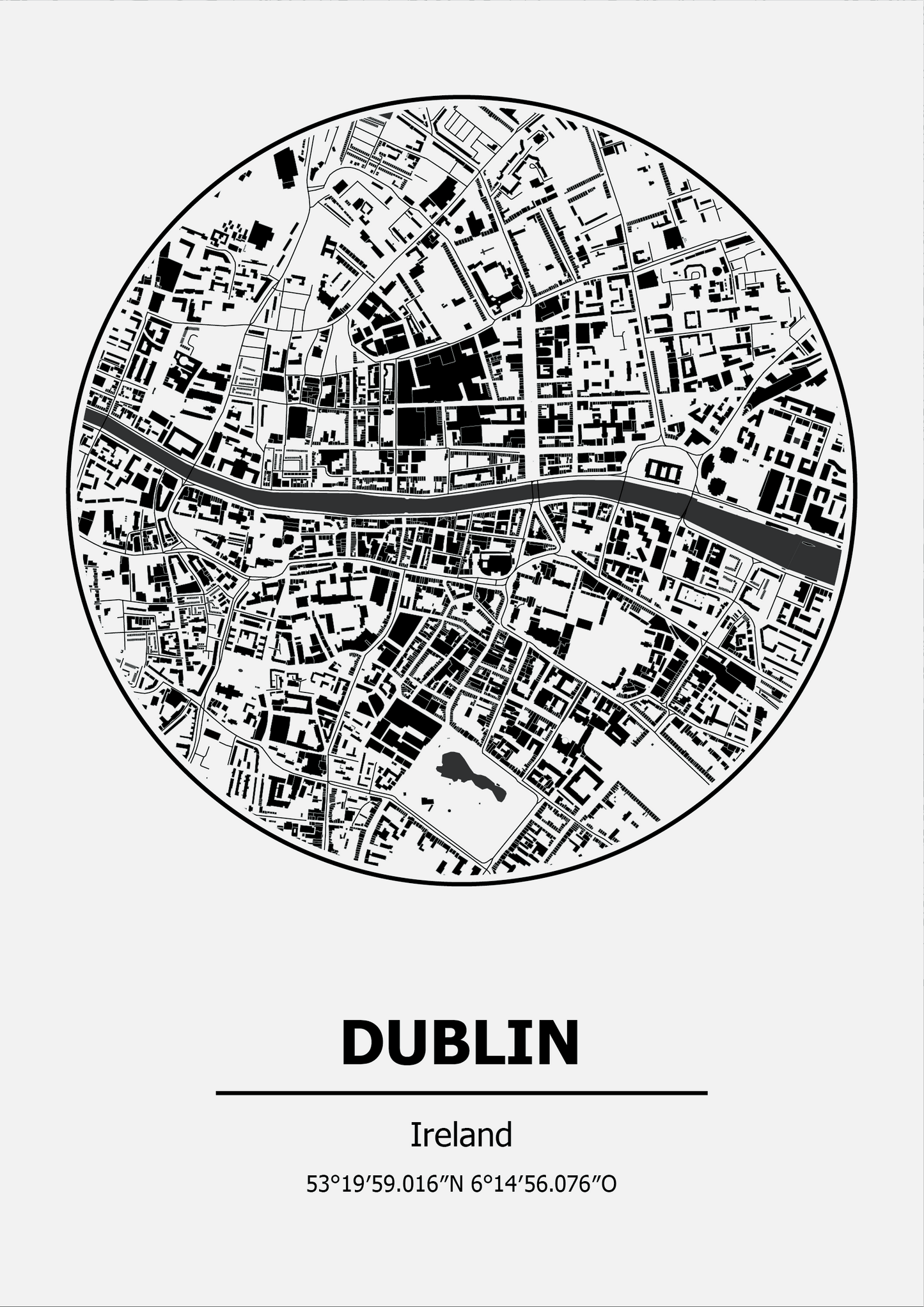 Black and white map of Dublin, Ireland on a white background