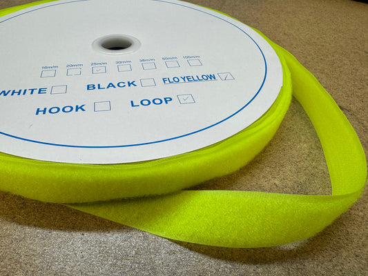 SewOn Hook and Loop Tape fluorescent yellow, Width 25mm, 25 metre rolls