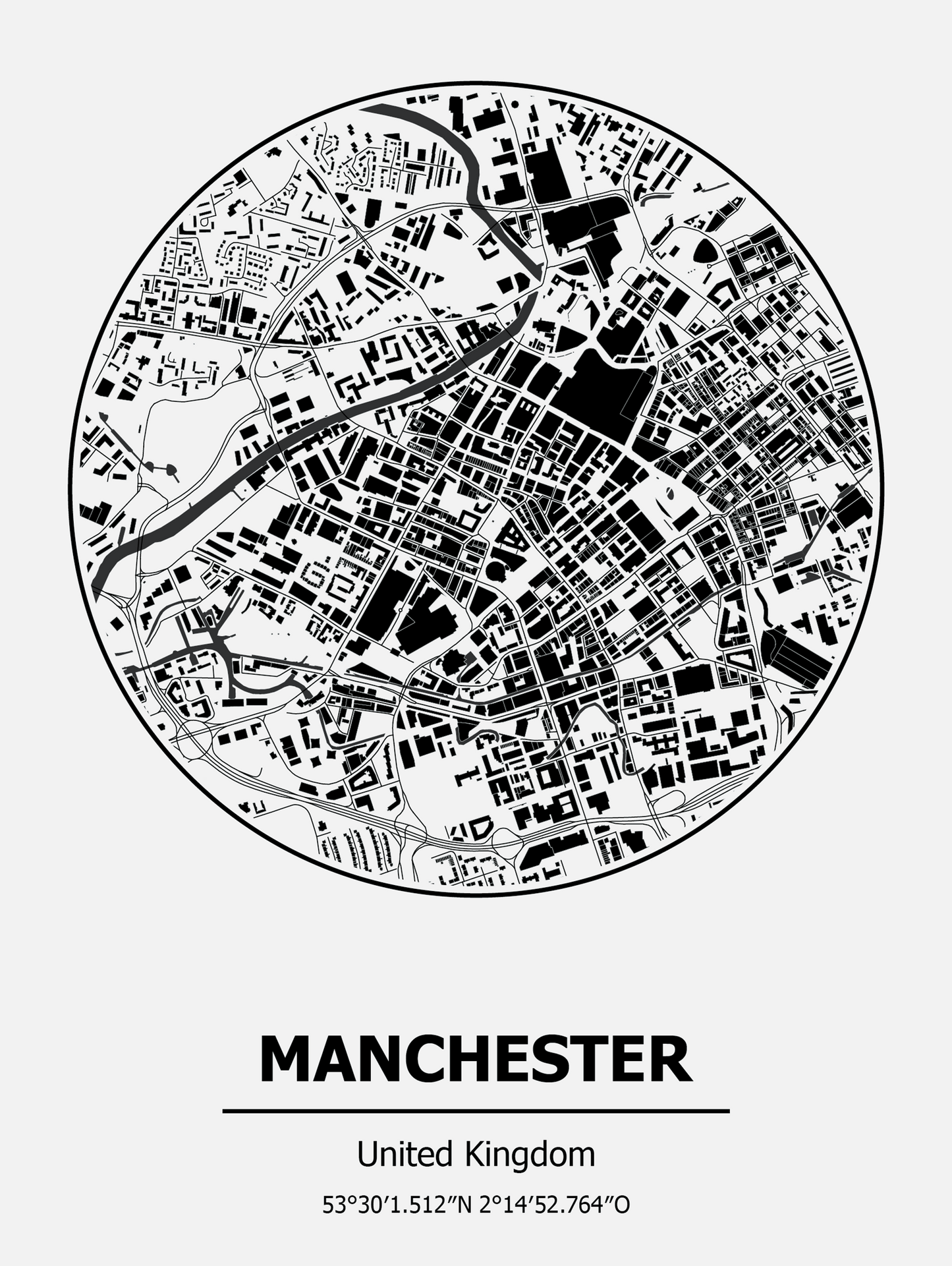 Black and white circular map of Manchester, United Kingdom