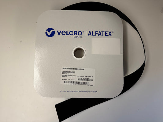 A roll of VELCRO brand Alfatex tape with both hook and loop sides, available in various lengths, displayed against a white background.