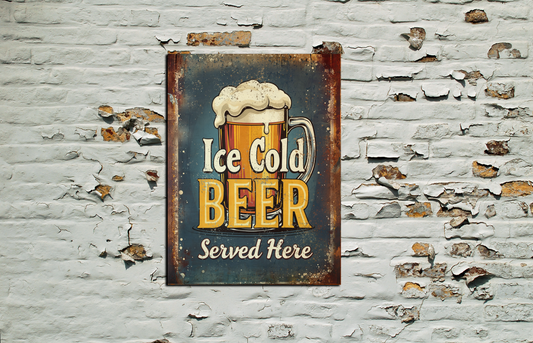 Retro Style "Ice Cold Beer Served Here" Decorative Vintage Metal Sign, Pub, Bar