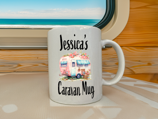 personalised caravan mug with name and picture of caravan on a white mug