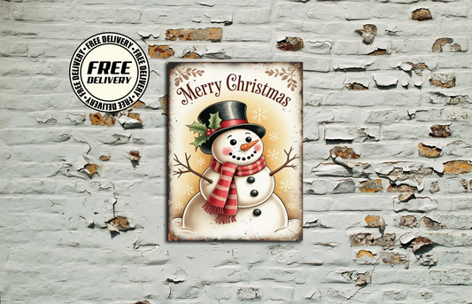 metal sign on wall merry Christmas snowman