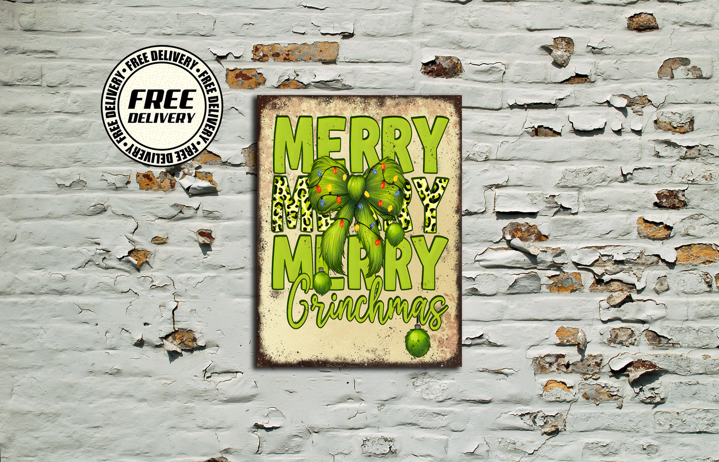 Christmas-themed sign with 'Merry Grinchmas' on a textured wall background