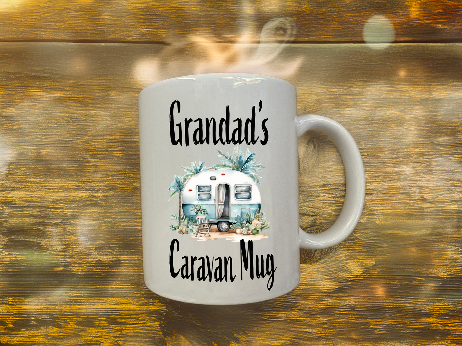 personalised grandads caravan mug with text and picture of caravan