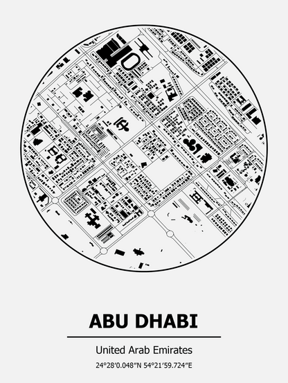 Black and white map of Abu Dhabi on a white background