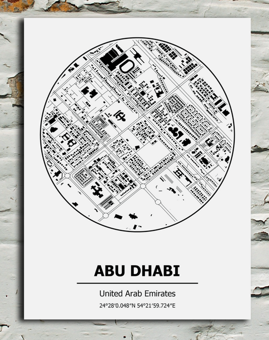 Map of Abu Dhabi on a white background against a textured gray wall.