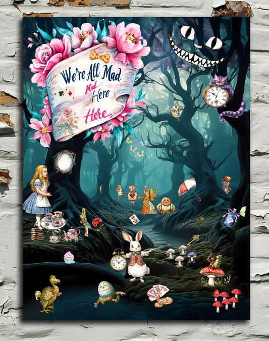 Illustration of a fantasy forest scene with characters from 'Alice in Wonderland' and the quote 'We're All Mad Here'