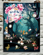 Illustration of a fantasy forest scene with characters from 'Alice in Wonderland' and the quote 'We're All Mad Here'