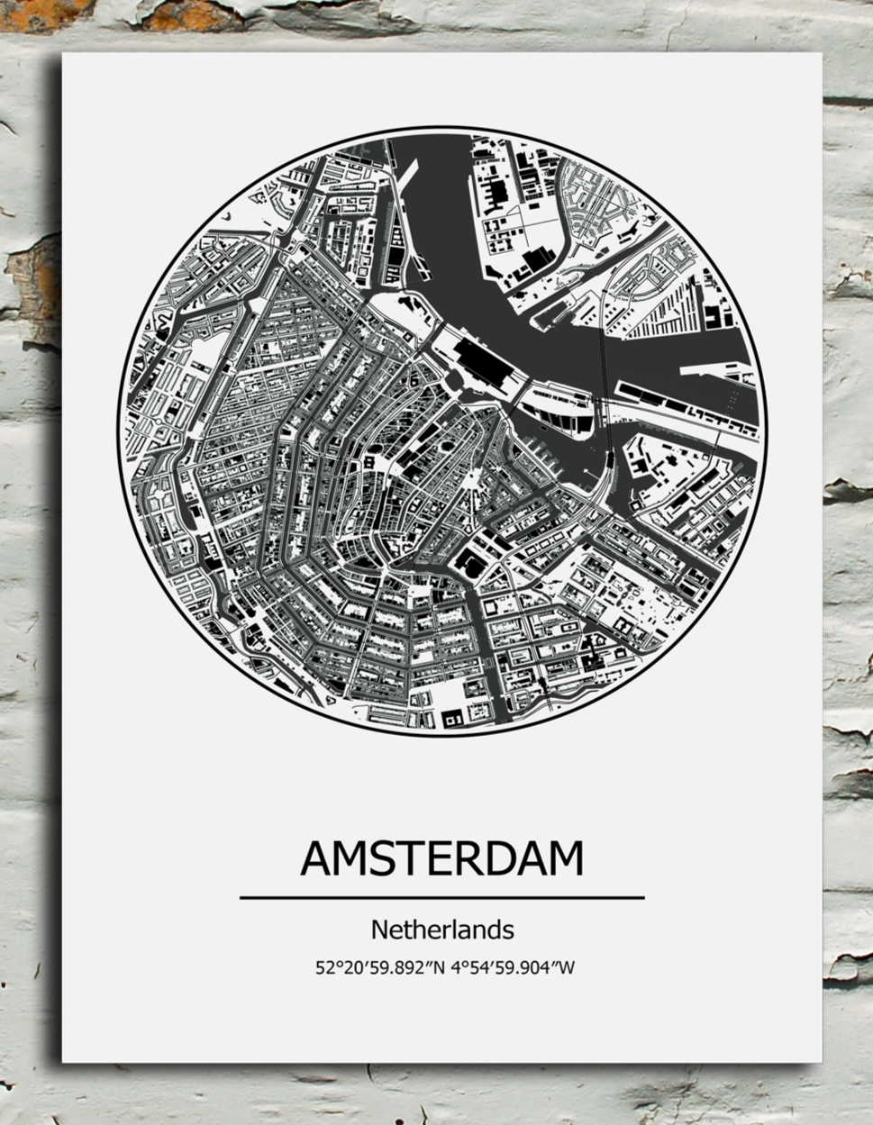 Black and white metal sign featuring city of Amsterdam