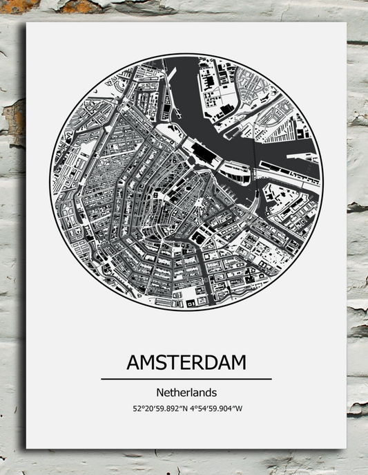 Black and white metal sign featuring city of Amsterdam