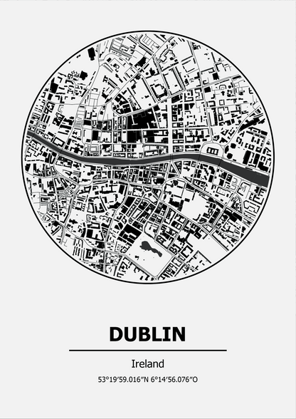Black and white map of Dublin, Ireland on a white background