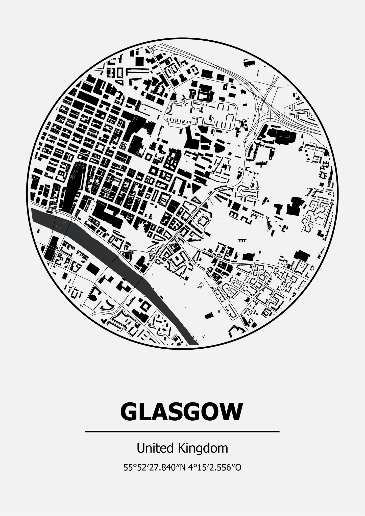 Black and white map of Glasgow, United Kingdom on a white background