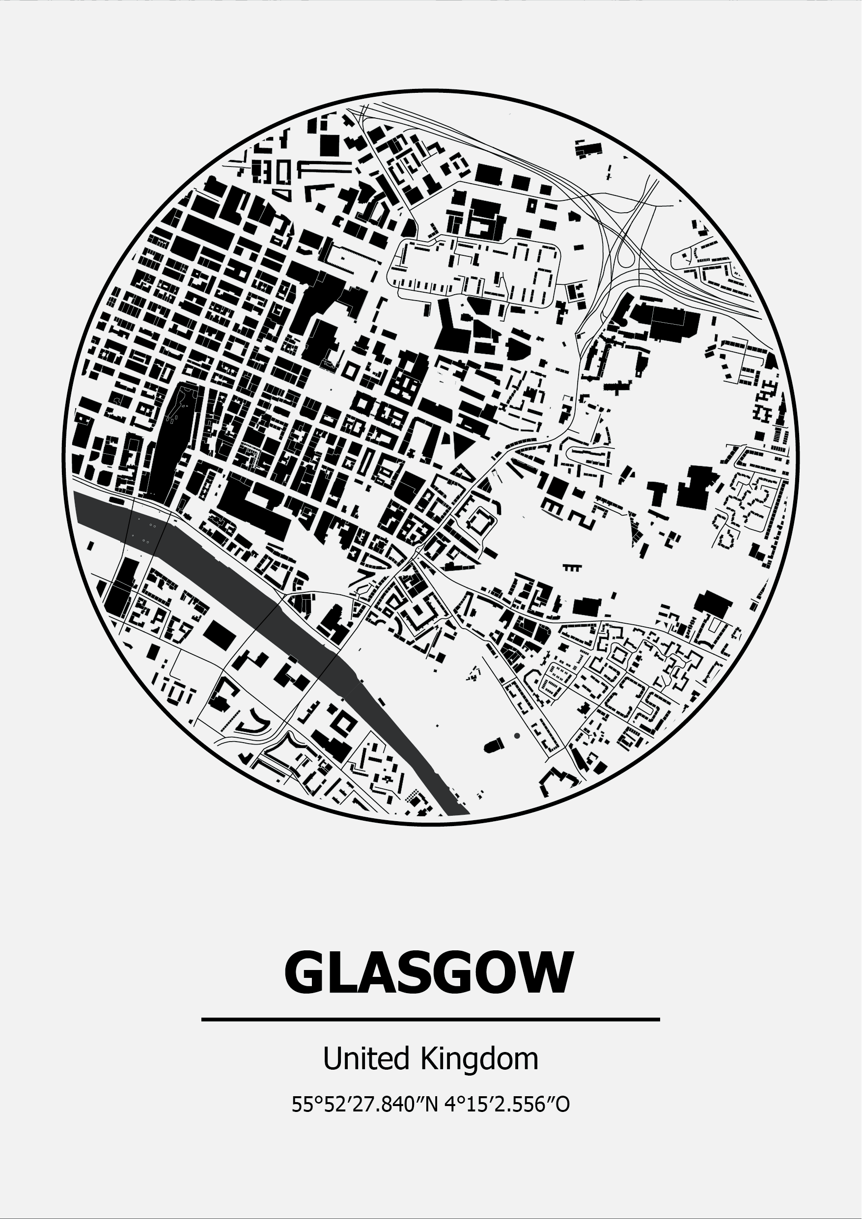 Black and white map of Glasgow, United Kingdom on a white background