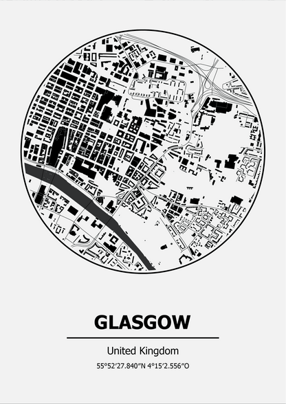 Black and white map of Glasgow, United Kingdom on a white background