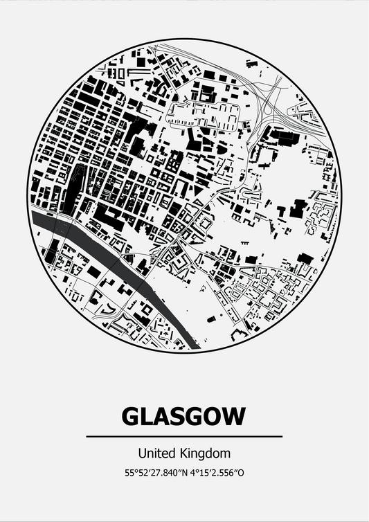 Black and white map of Glasgow, United Kingdom on a white background