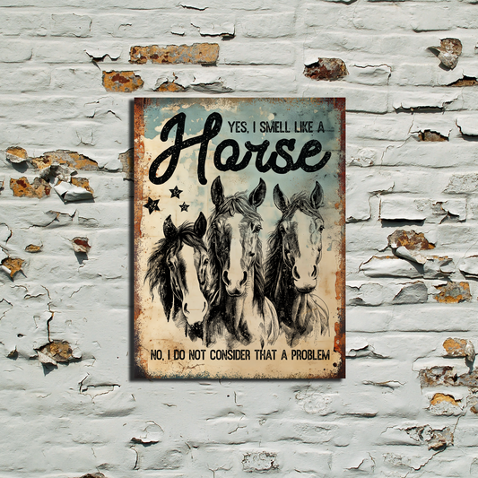 Vintage-style sign with horse illustration on a textured wall.