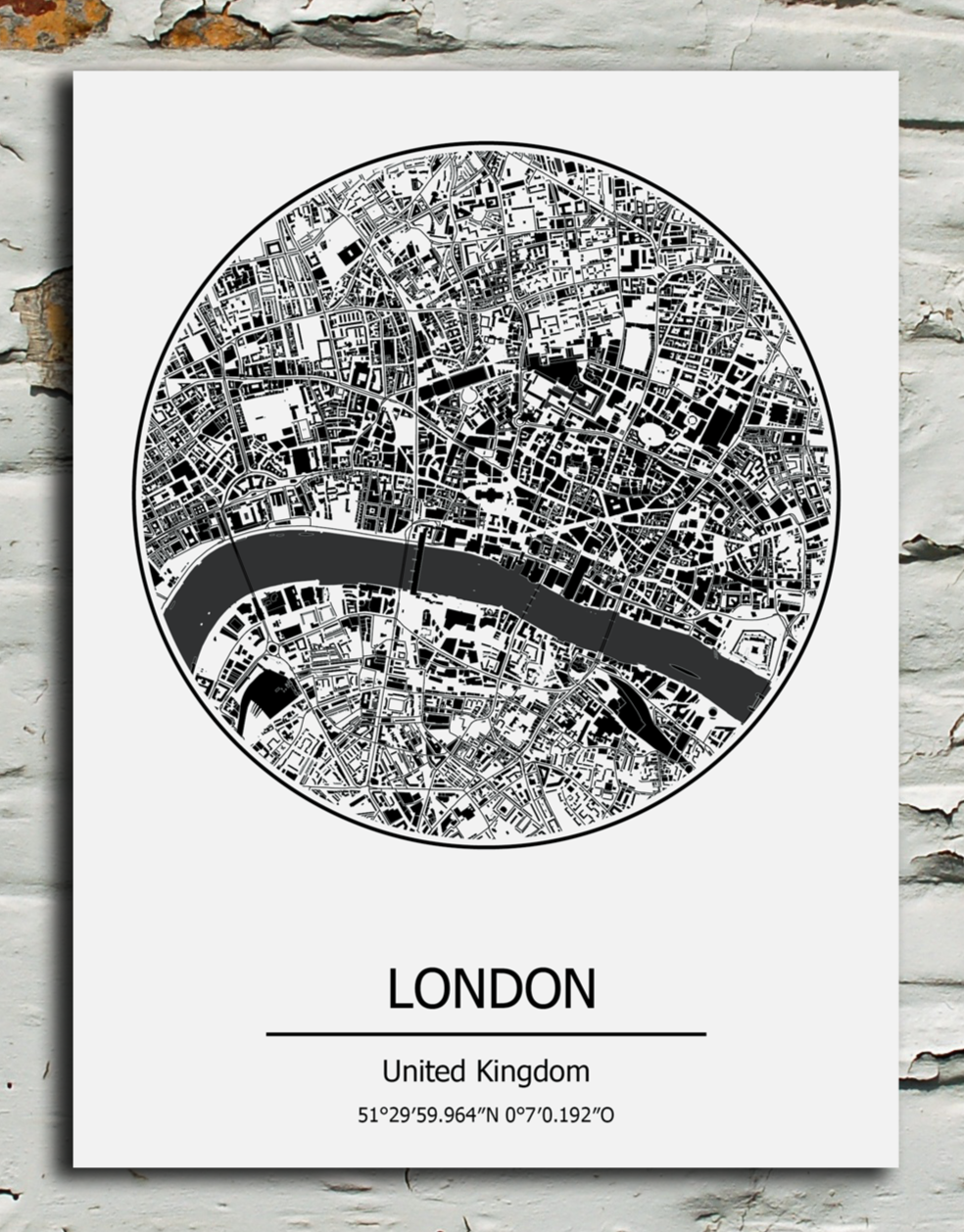 Map of London on a white wall with a textured gray background