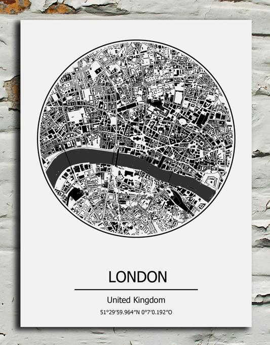Map of London on a white wall with a textured gray background