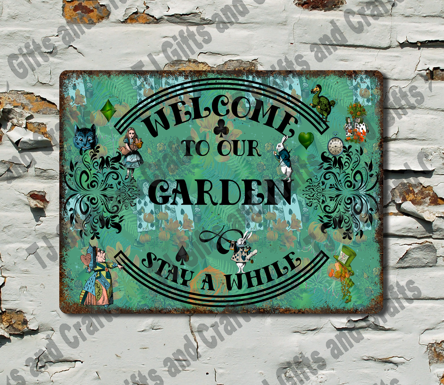 Decorative sign with 'Welcome to our Garden Stay a While' text on a textured wall background