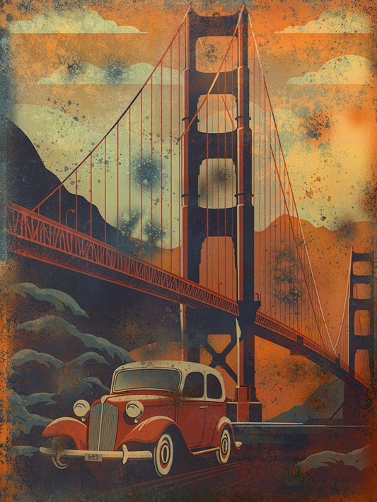 Retro Style "Golden Gate Bridge, Vintage Car"