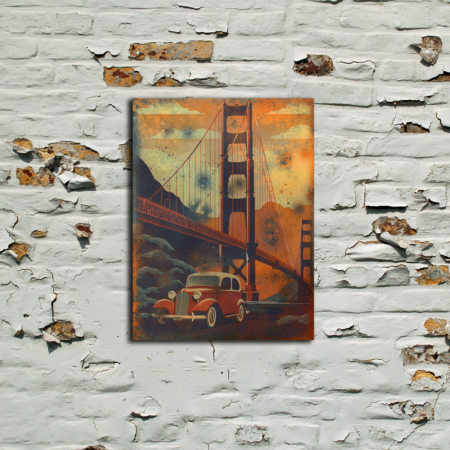 Painting of a red truck and yellow building on a textured white brick wall.