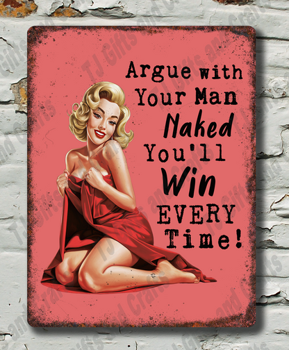 Vintage-style poster with a woman in a red dress on a textured wall background.