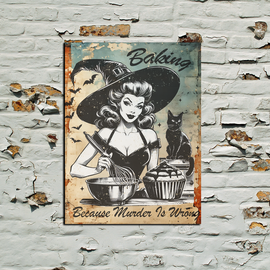 pretty witch baking with black cat and text baking because murder is wrong
