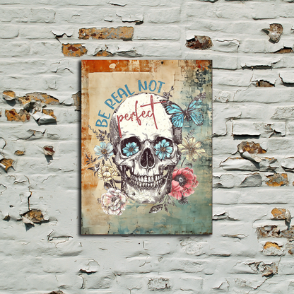 skull with flowers around and the words be real not perfect