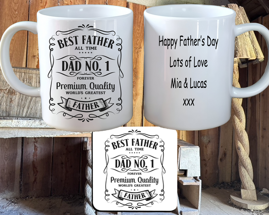 Personalised Father's Day Mug & Coaster set, Jack Daniels Design, with Gift Box