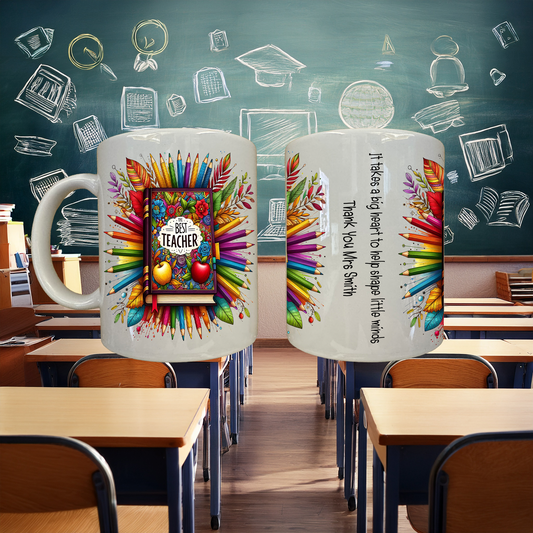 Two mugs with colorful designs and text in a classroom setting