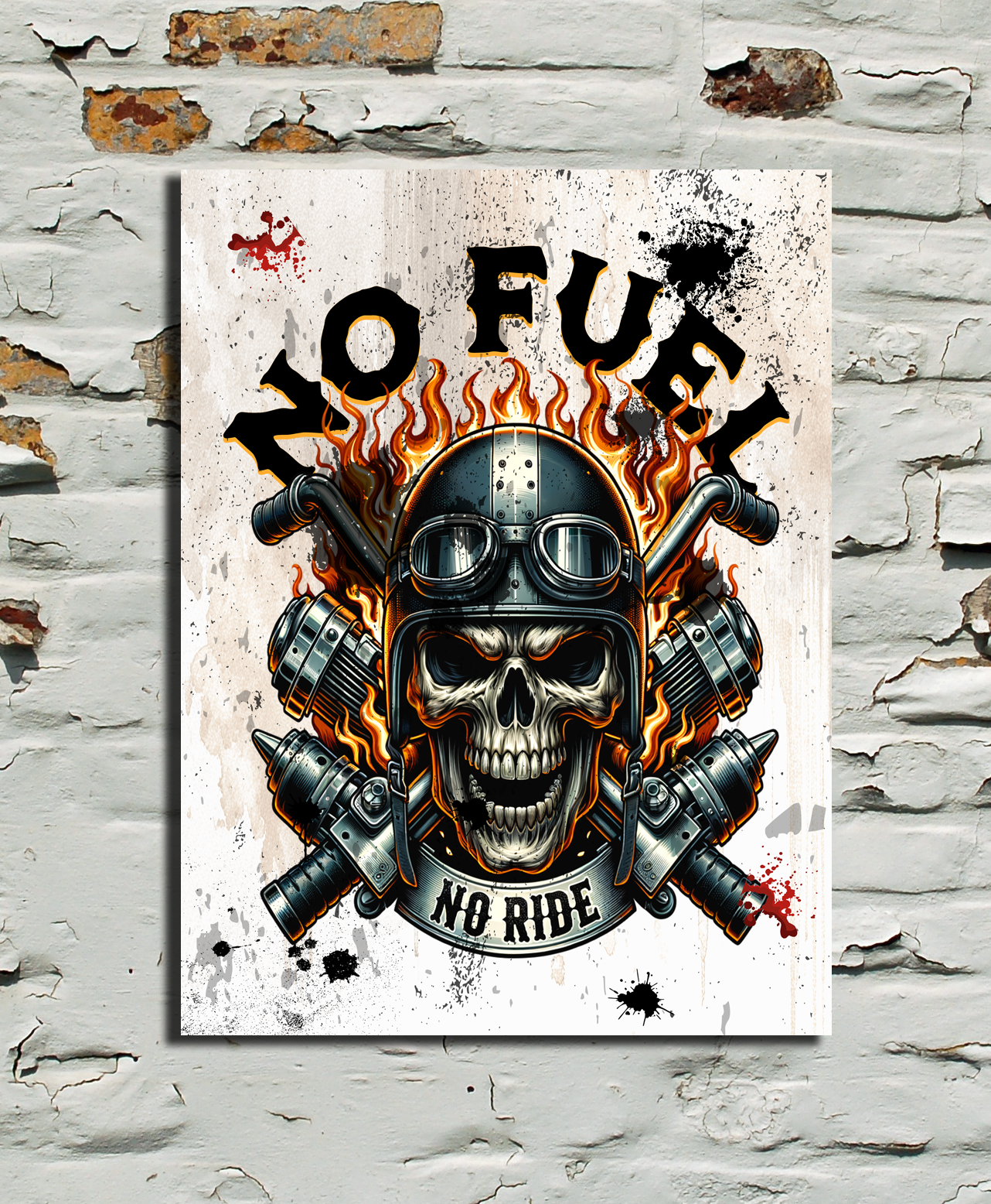 Skull with crossed swords and 'No Fuel, No Ride' text on a textured wall background