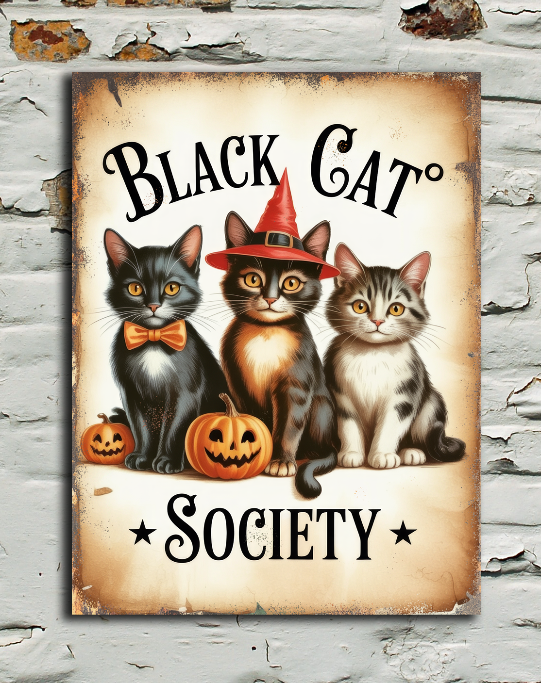 A rectangular vintage-style wall sign featuring three illustrated cats dressed in Halloween costumes, with the text 'Black Cat Society' and small jack-o'-lanterns, displayed against a distressed white brick wall.