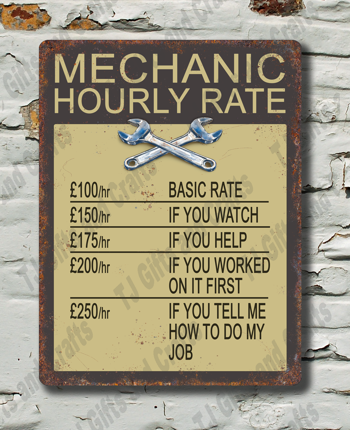 Sign with text about a mechanic's hourly rate on a textured wall background