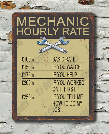 Sign with text about a mechanic's hourly rate on a textured wall background