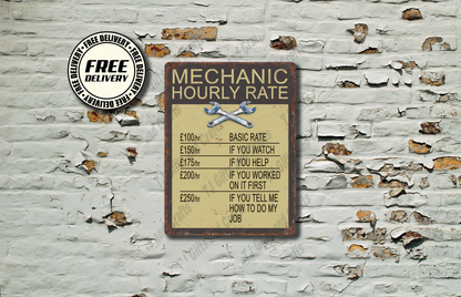 Mechanic Hourly Rate Funny Metal Sign Garage plaque