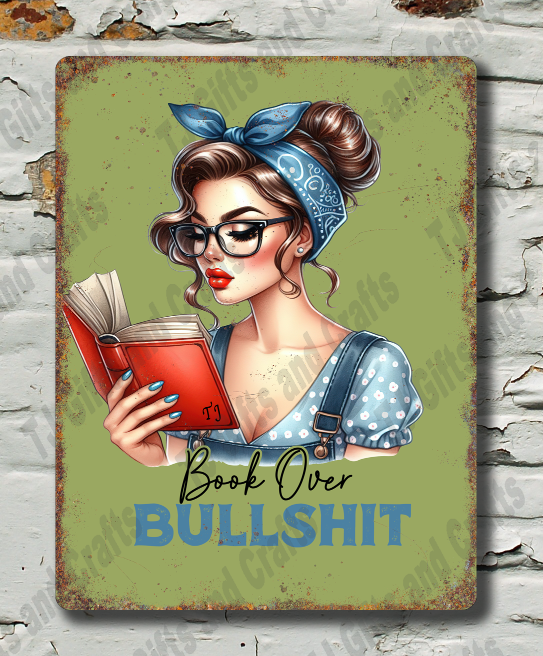 Vintage-style sign with a graphic of a woman holding a book and text on a textured wall background