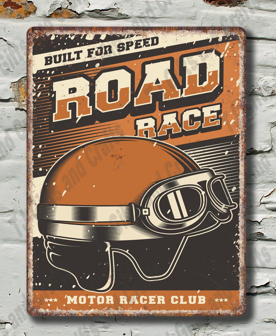 Vintage-style 'Road Race' sign with helmet and goggles on a textured wall background