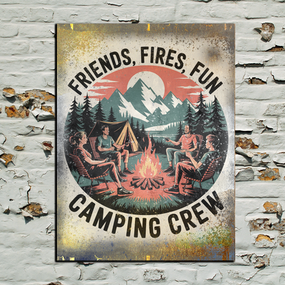 Decorative sign with 'Friends, Fires, Fun Camping Crew' text on a rustic brick wall.
