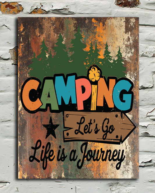 Decorative sign with 'Camping: Let's Go, Life is a Journey' text on a plaque on a  textured wall.