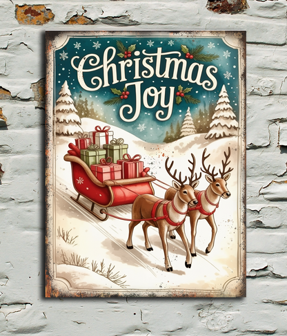 Poster with 'Christmas Joy' text and reindeer on a textured wall.