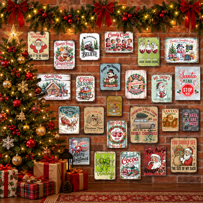 A collection of vintage-style Christmas tin signs with various holiday illustrations and quotes, displayed on a brick wall in a decorated living room setting next to a Christmas tree and wrapped gifts.