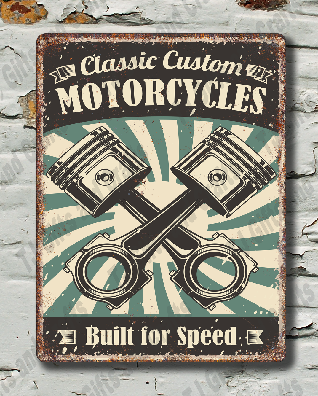 Vintage-style sign with motorcycle design on a textured wall.