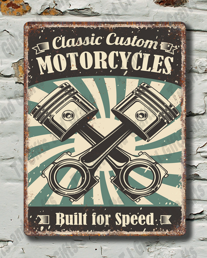 Vintage-style sign with motorcycle design on a textured wall.