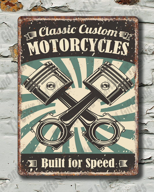 Vintage-style sign with motorcycle design on a textured wall.